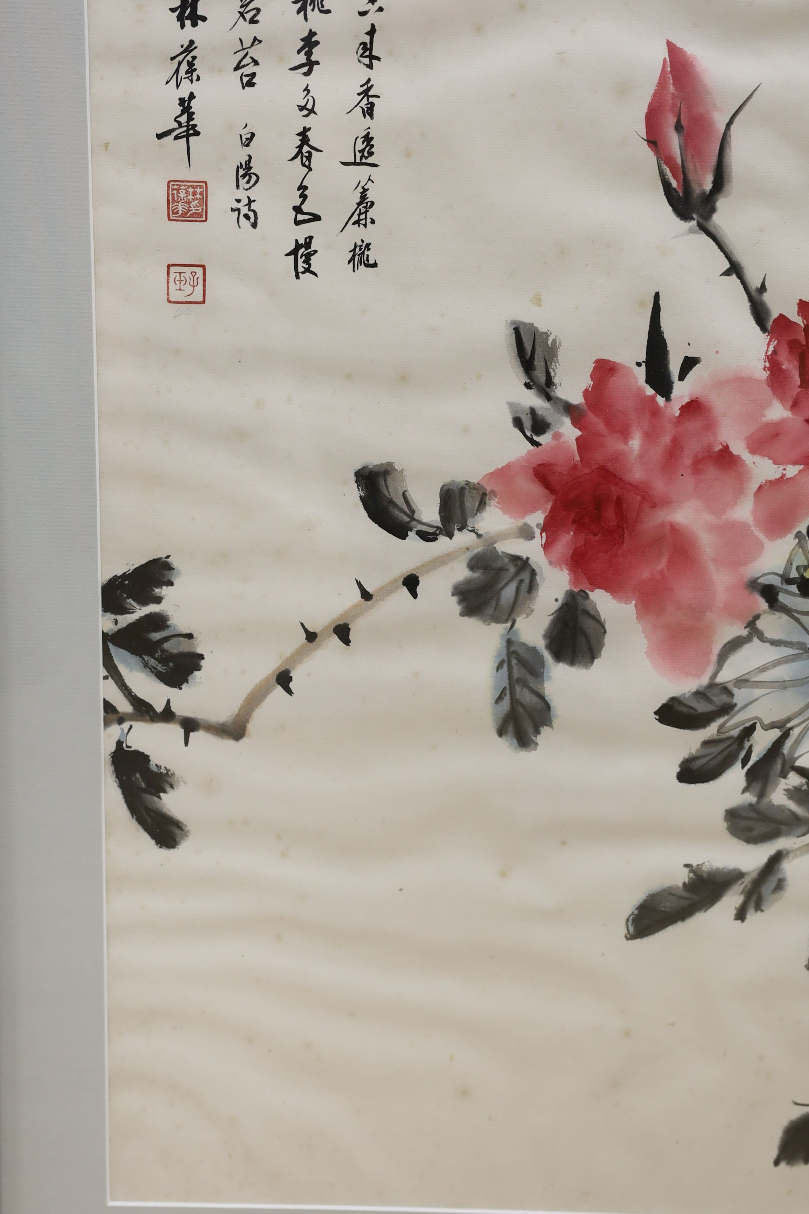 A Chinese painting on paper of peonies 67x44cm